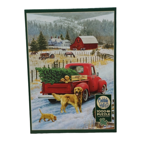 COBBLE HILL 1000 Piece Jigsaw Puzzle “CHRISTMAS ON THE FARM” Red Truck Dog Tree